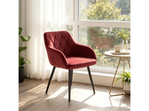 Chaise de salle à manger avec accoudoirs rouge en velours et pieds en métal
