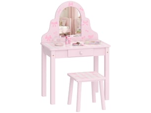 Coiffeuse enfant 2 en 1 avec tabouret et miroir mdf et pin rose et blanc 55x34x82 cm