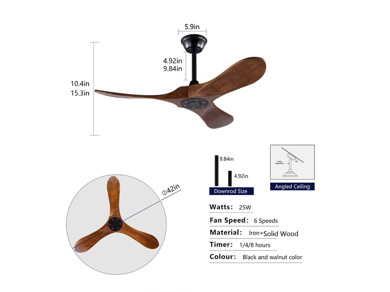  Ventilateur de plafond 107 cm sans éclairage bois massif noir et noyer foncé 6 vitesses télécommande silencieux minuterie et mémoire  - Conforama E