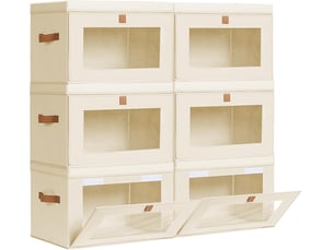 Boîtes de rangement pliables 6 pièces, organiseurs de placard en tissu avec poignées et fenêtre, beige