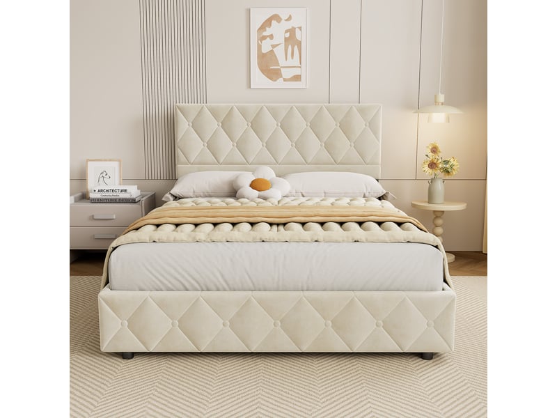  Lit coffre 140x200 cm velours beige, tête de lit capitonnée, ouverture hydraulique, sommier à lattes inclus  - Conforama B
