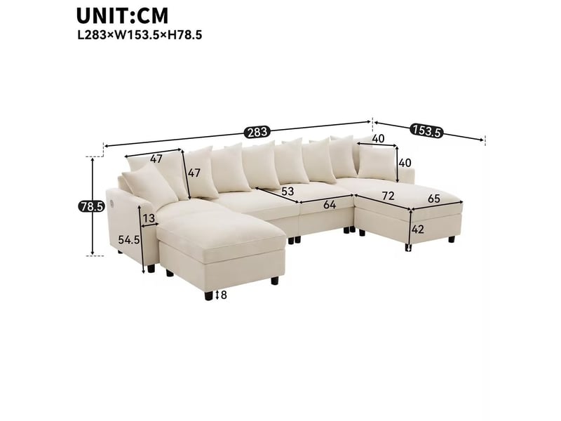 Canapé d'angle modulable 283x153,5x78,5 cm, 4 places avec 2 poufs, beige - Conforama C