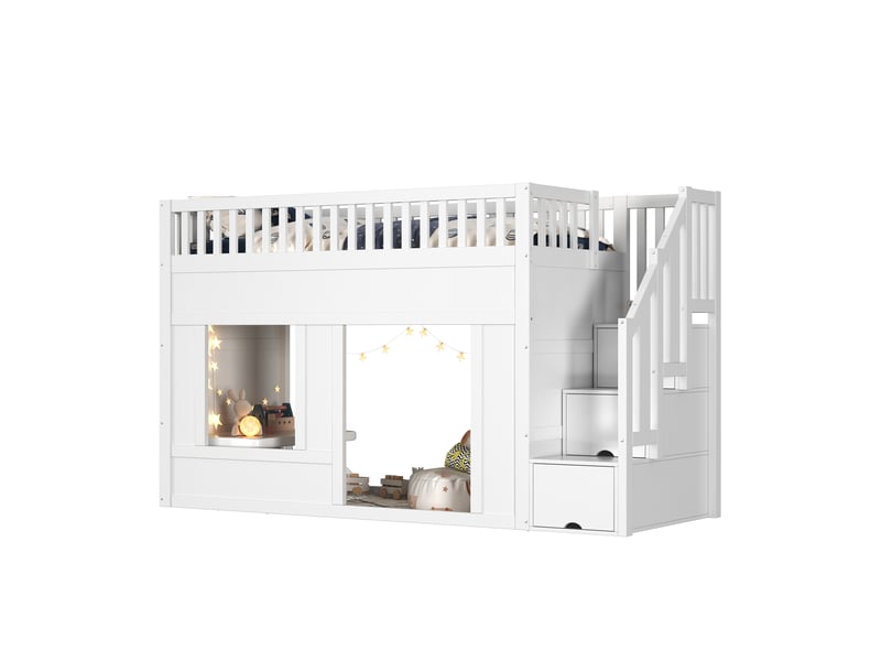 Lit superposé enfant 90x200 cm avec espace inférieur modulable, lit mezzanine avec escalier de rangement, espace jeu ou couchage, sans matelas, blanc OPULERANE TRADING LTD - Conforama A