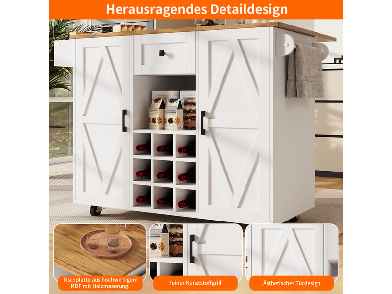 Desserte cuisine, îlot central sur roulettes avec plan de travail, plateau extensible, 1 tiroir, dimensions 137,5 x 65 x 95,6 cm, mdf, blanc - Conforama E