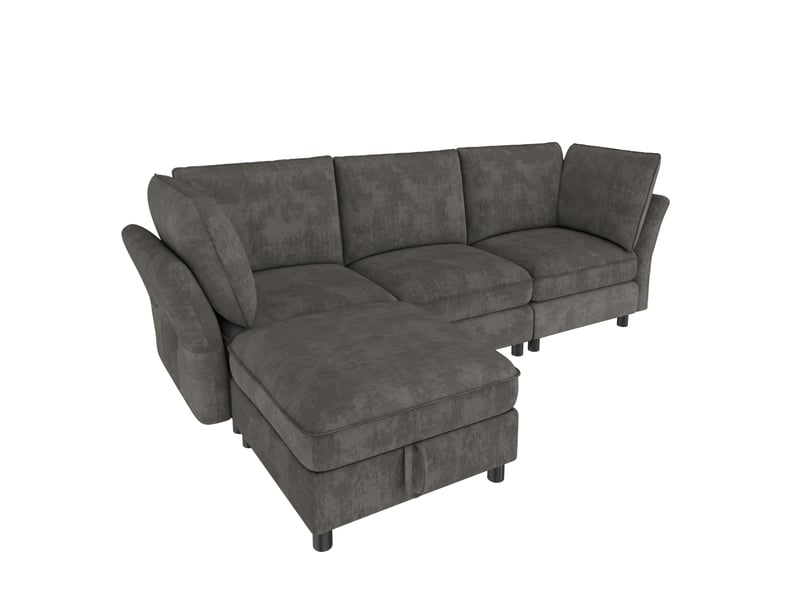  Canapé d'angle modulable 4 places avec pouf coffre de rangement gris  - Conforama A