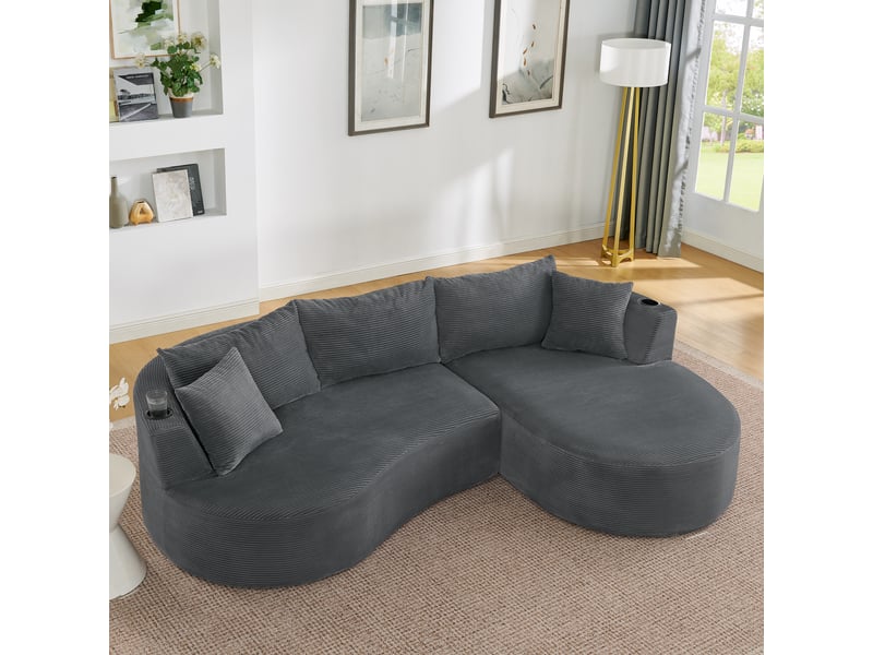 Canapé d’angle 3 places avec porte-gobelets et coussins - design arrondi en velours côtelé gris - Conforama C