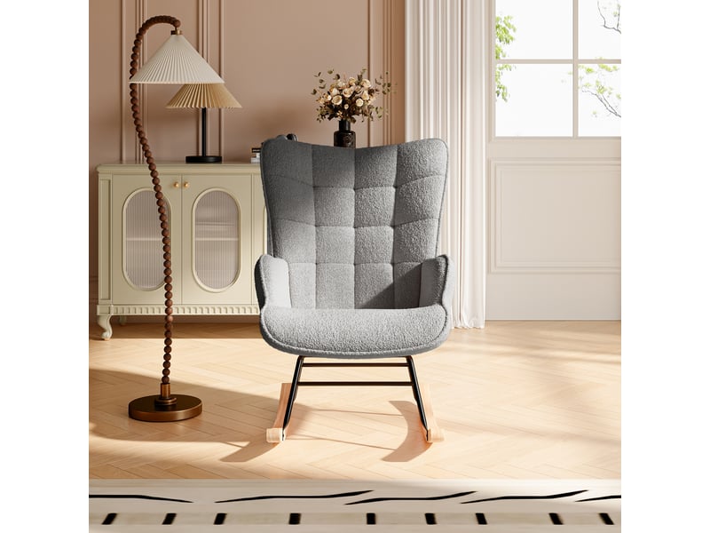 Fauteuil à bascule 60x75x92 cm avec dossier à carreaux, chaise de détente pour salon, chambre et bureau, tissu bouclé gris foncé - Conforama B
