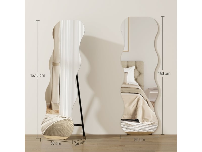 Miroir plein pied ondulé sans cadre noir en verre trempé, base en pin, à poser ou adosser, 160 cm - Conforama C