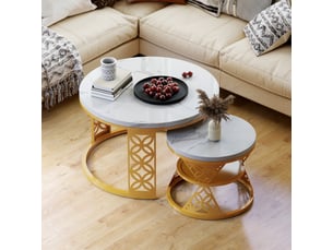 Tables basses gigognes 70x70 cm et 45x45 cm, plateau effet marbre blanc, métal doré, gain de place