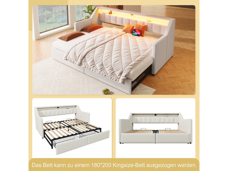  Lit capitonné lit double, 140x200cm,avec balustrade de protection,avec led, lin, beige  - Conforama E