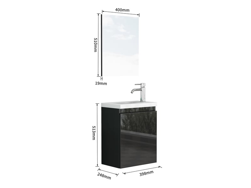  Meuble sous vasque suspendu avec portes, vasque en céramique et miroir, noir laqué pour salle de bain en mdf  - Conforama D