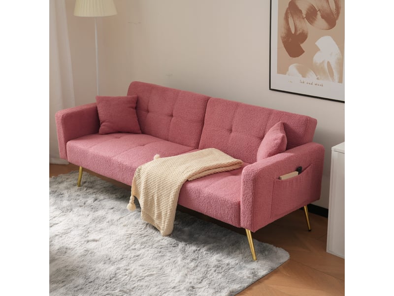 Canapé 2 places en peluche d’agneau,canapé-lit pliant réglable - pieds en métal + poches de rangement - 2 coussins - 175x64x72cm - rose 175x64x72cm - Conforama B