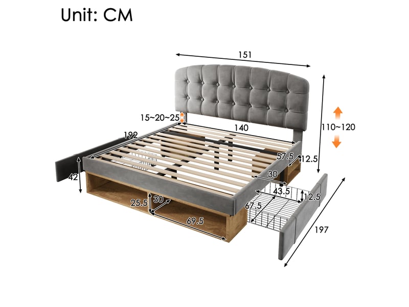  Lit double 140 x 190 cm gris en velours avec sommier à lattes, tiroirs et rangements  - Conforama E