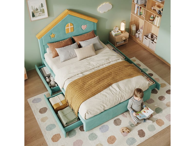  Lit enfant 140 x 200 cm, tête de lit cabane rembourrée, 4 tiroirs de rangement, revêtement velours, bleu-vert evarich - Conforama B