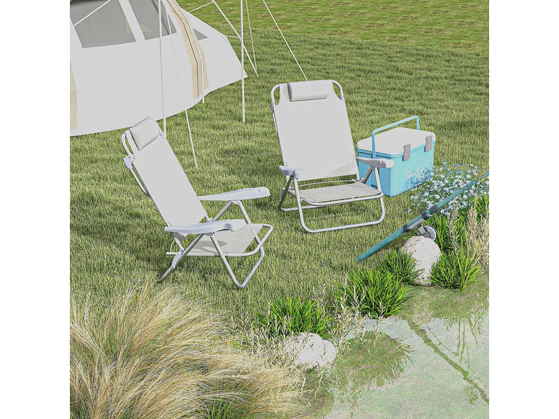  Lot de 2 chaises de camping pliantes et inclinables à 6 positions, en aluminium et mousse, 62 x 65 x 80 cm, gris clair  - Conforama B
