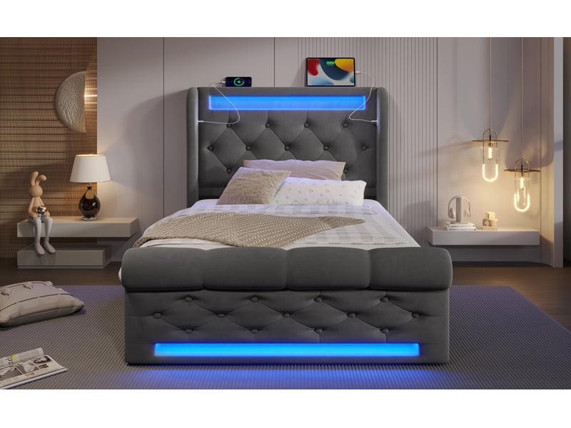  Lit capitonné,90x200 cm,avec led usb c,tête rangement coffre,velours,gris,matelas inclus  - Conforama B