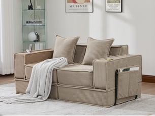 Canapé modulable 2 places convertible lit, mousse haute densité ergonomique, porte-gobelets, rangements, salon chambre bureau