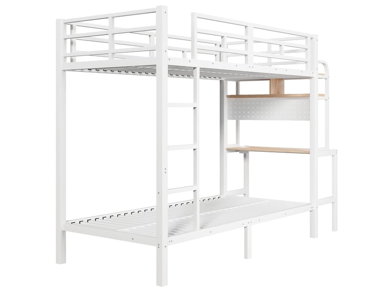 Lit mezzanine avec bureau et étagères, cadre en métal blanc, lit enfant 90x200 cm avec led et port usb, sécurité optimale.  - Conforama A