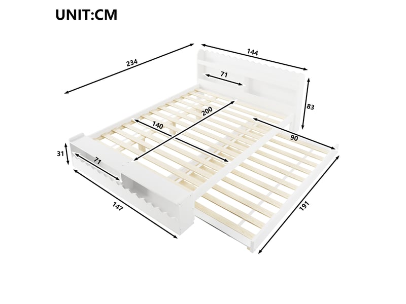  Lit 140x200 cm avec lit gigogne 90x190 cm, rangements et led, blanc  - Conforama C