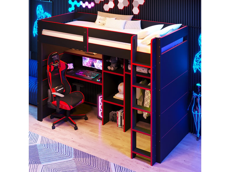  Lit mezzanine gaming en bois 90x200 cm, bureau, armoire, rangements, éclairage led, noir + rouge  - Conforama B