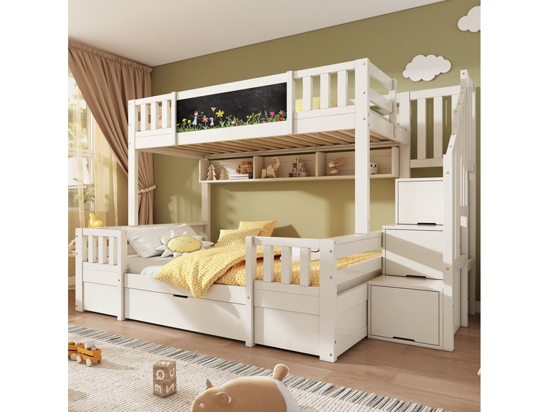  Lit superposé 3 places 90x200 et 140x200 avec tableau noir, escalier de rangement, tiroirs et armoire échelle bois blanc sans matelas  - Conforama D