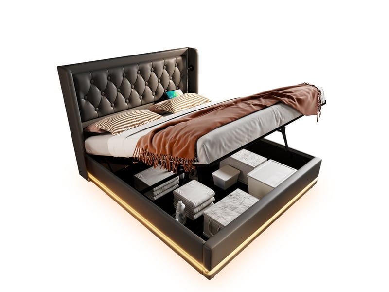  Lit coffre adulte 180x200 cm – noir – usb et usb type-c, led 3 côtés, sommier à lattes - sans matelas  - Conforama A