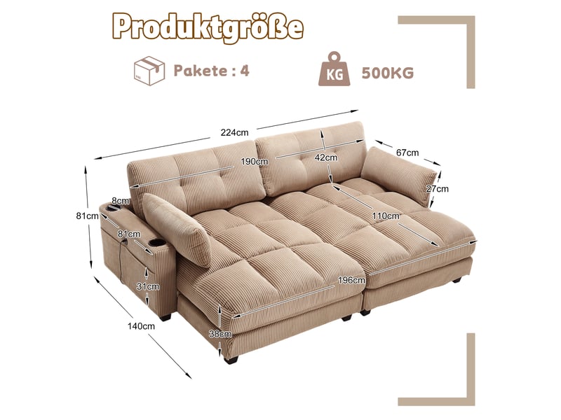 Canapé 2 places en velours côtelé kaki, séparable en 2 fauteuils, 2 coussins, 4 porte-gobelets, 4 poches, usb - Conforama C