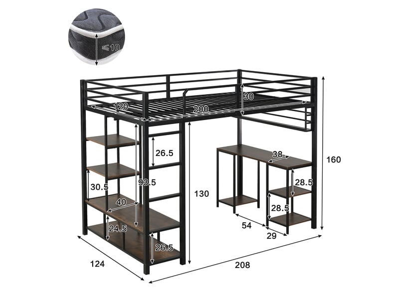  Lit mezzanine 120x200 cm avec bureau et étagères intégrés, lit surélevé pour chambre enfant et adolescent, avec échelle à 4 marches, noir  - Conforama E