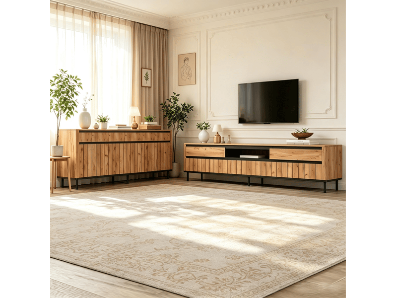 Ensemble meuble tv et buffet avec 4 portes, 3 portes et rangements ouverts pour salon en mdf et métal naturel noir - Conforama D