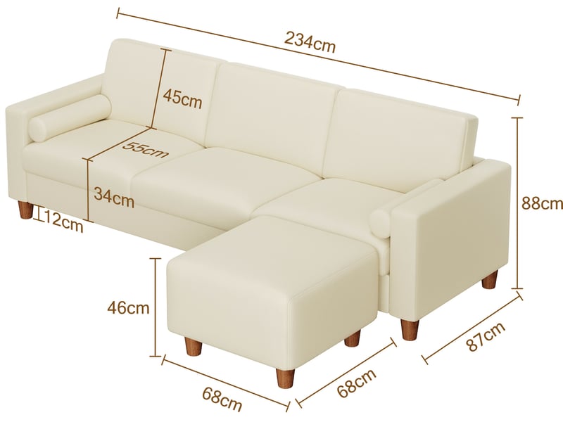Canapé 3 places en cuir pu, 234 cm avec repose-pieds et 2 coussins, capacité 365kg, pieds bois massif 234x87x88 - Conforama C