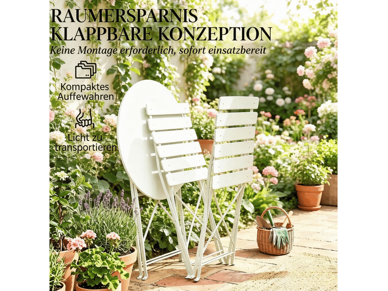 Salon de jardin pliant 2 places ø 58 cm – crème – table ronde avec 2 chaises en métal, sans montage - Conforama E