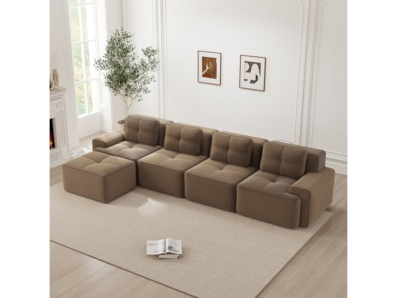  Canapé d'angle, canapé modulable — avec méridienne, sans montage, sans cadre, base antidérapante, style cloud, marron, en velours, 4 places  - Conforama C