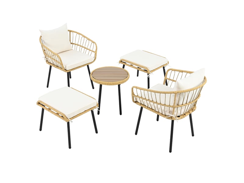  Salon de jardin 5 pièces, table ronde diamètre 46 cm, blanc et naturel en rotin, avec 2 fauteuils et 2 repose-pieds  - Conforama D