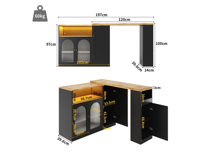  Table de bar pivotante extensible avec lumière led,4 portes(2 portes en verre changhong) et 2 niches,noir table de bar noir - Conforama C