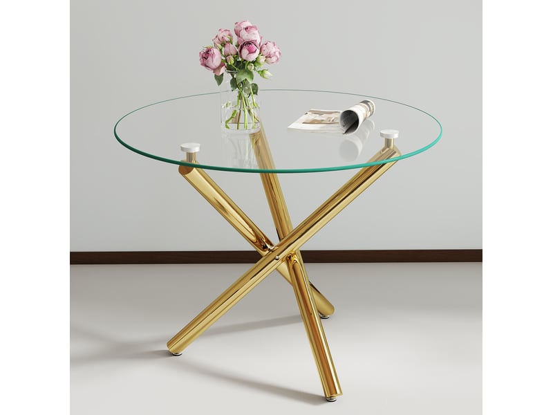  Table à manger ronde 80 x 80 x 76 cm, verre trempé, pieds en métal doré  - Conforama E
