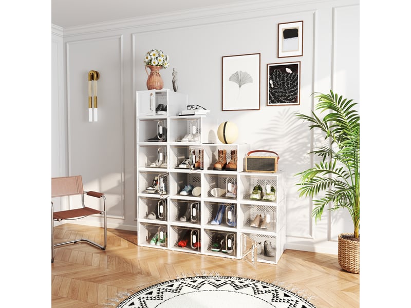  Étagère à chaussures en plastique avec 8 boîtes empilables pour chaussures jusqu'à pointure 46 avec portes magnétiques dimensions 28 x 36 x 21 cm  - Conforama D
