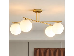 Plafonnier lustre moderne à 4 lumières avec culot e14, montage semi-affleurant, doré et crème