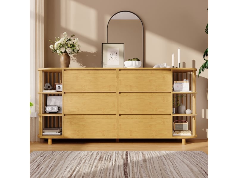  Commode à 6 tiroirs, 75×160×40 cm, design romain avec colonnes et étagères en bambou, pieds réglables en hauteur  - Conforama D