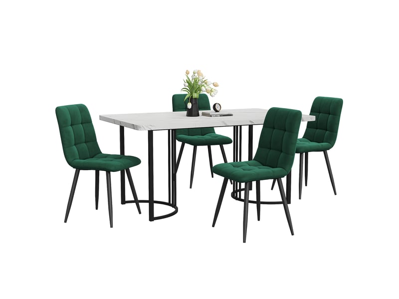  Ensemble table et chaises 5 pièces, table à manger avec 4 chaises, plateau effet marbre, table 140 x 80 cm, vert foncé et noir  - Conforama A