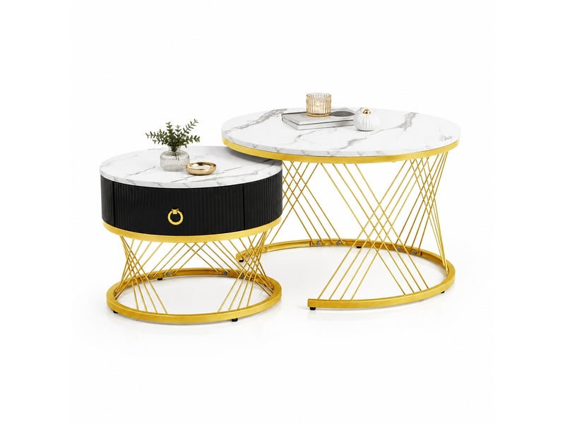  Table basse ulevr gigogne 2 pièces avec tiroir, ø70 et ø50 cm, plateau effet marbre mdf, blanc et doré  - Conforama A