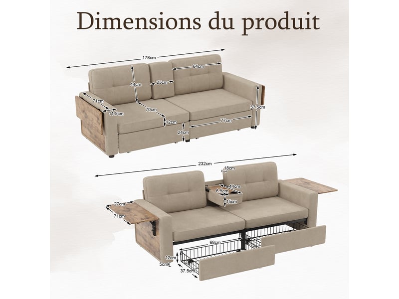 Canapé 2 places avec rangement pour salon & studio - canapé petit espace tout-en-un, tiroirs, tablettes, porte-gobelets, tissu chenille - Conforama C