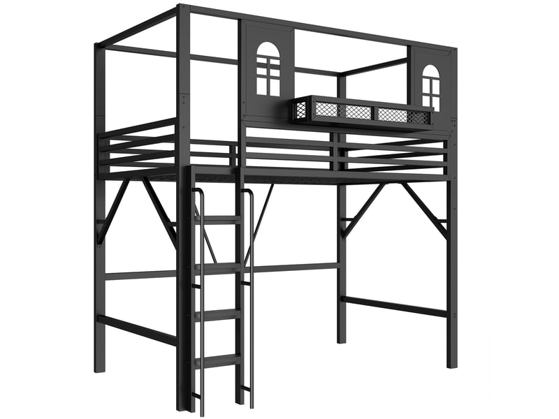 Lit mezzanine enfant en métal noir 90x200 cm, toit, échelle et espace de jeu - Conforama E