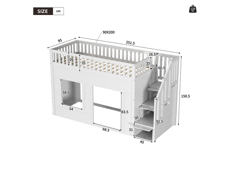 Lit mezzanine enfant 90 x 200 cm blanc, bois et mdf, escalier de rangement, espace inférieur modulable - Conforama C
