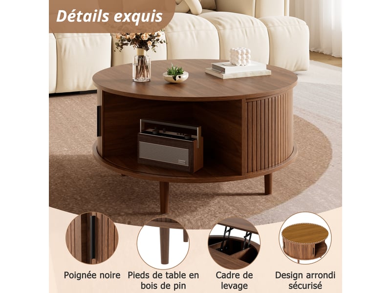  Table basse ronde relevable avec rangement, fini noyer, 80 x 80 x 59 cm  - Conforama R
