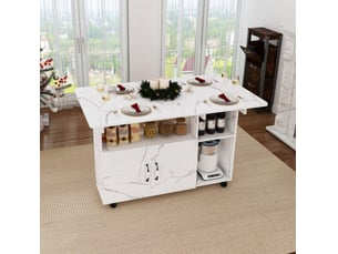 Table à manger pliante mobile 110x70x80 cm effet marbre blanc avec rangement
