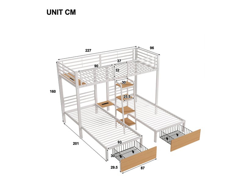  Lit superposé 90x200 cm 3 couchages en l avec échelle intégrée, garde-corps et bibliothèque, lit triple gain de place en métal et mdf blanc brillant  - Conforama E