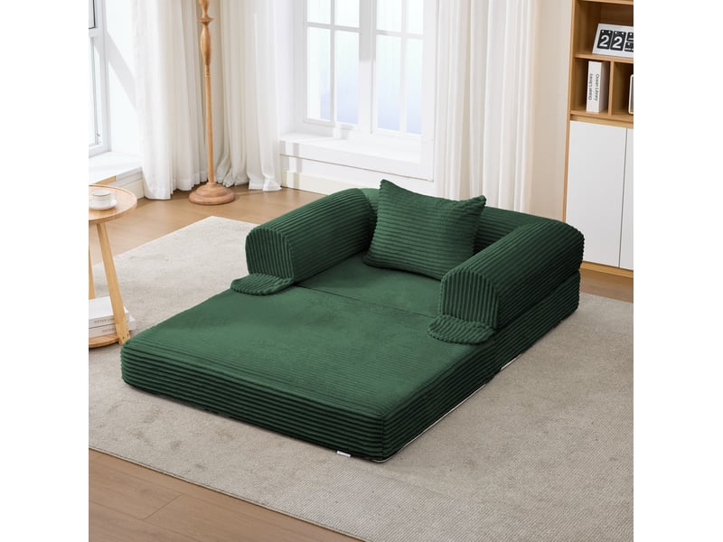  Canapé convertible 1 place en velours côtelé vert, fauteuil-lit compact avec coussin assorti, pour petit espace  - Conforama B