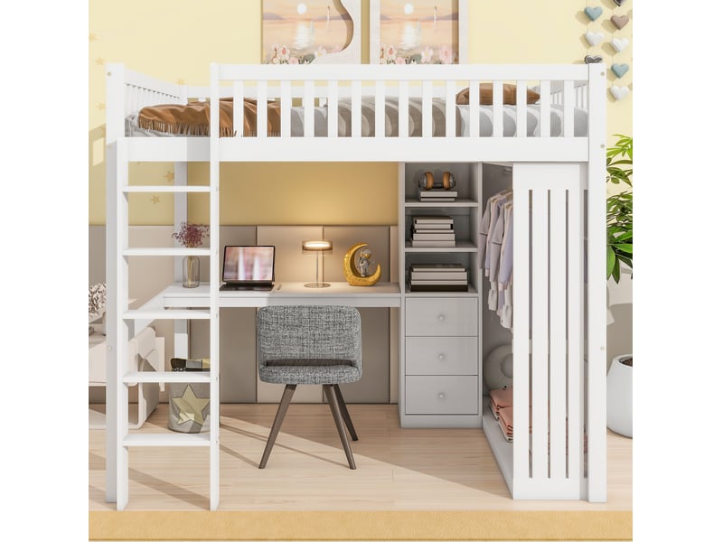  Lit mezzanine enfant 140x200 cm avec bureau, armoire et 3 tiroirs blanc  - Conforama B