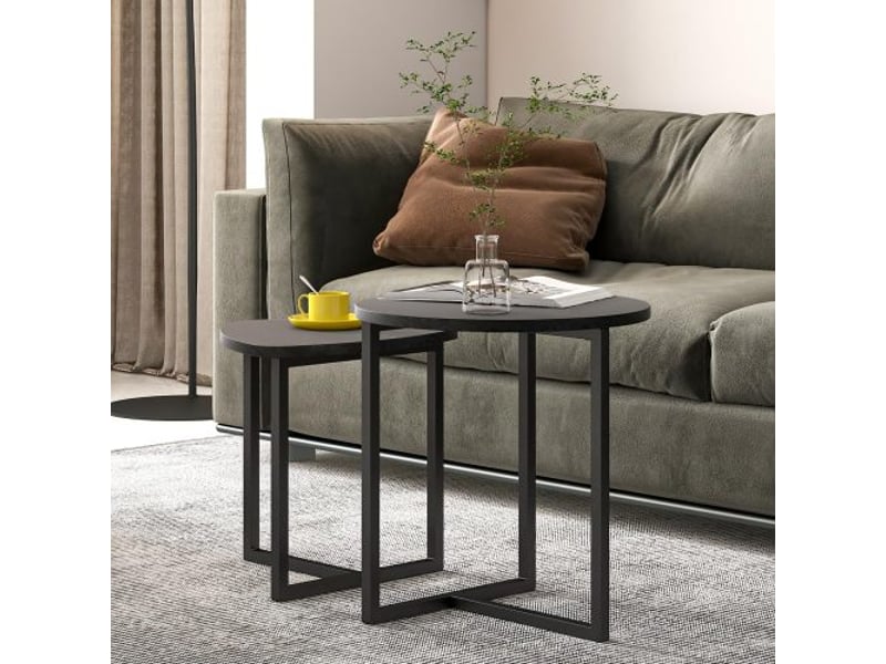 Tables basses rondes gigognes 2 pièces, bois style industriel, design moderne, salon  - Conforama B