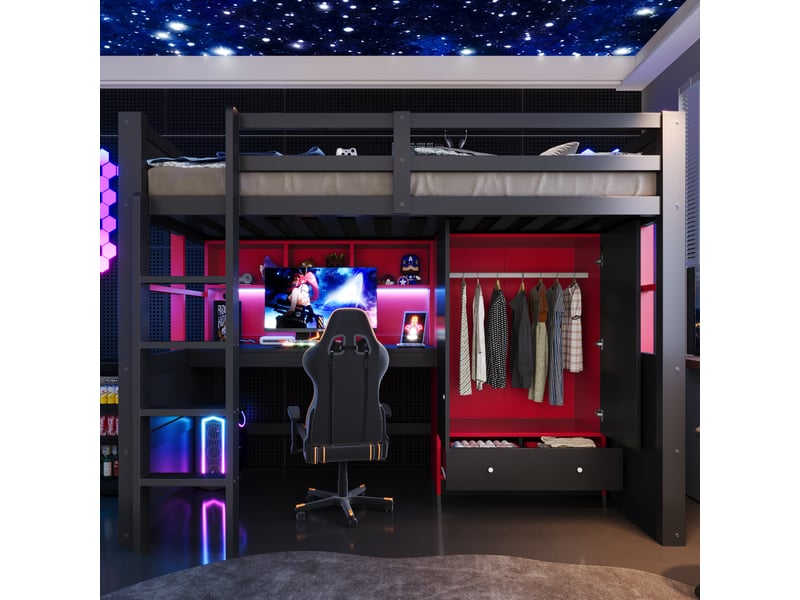  Lit mezzanine 90 x 200 cm noir et rouge style gaming avec échelle, bureau, armoire et tiroirs  - Conforama C